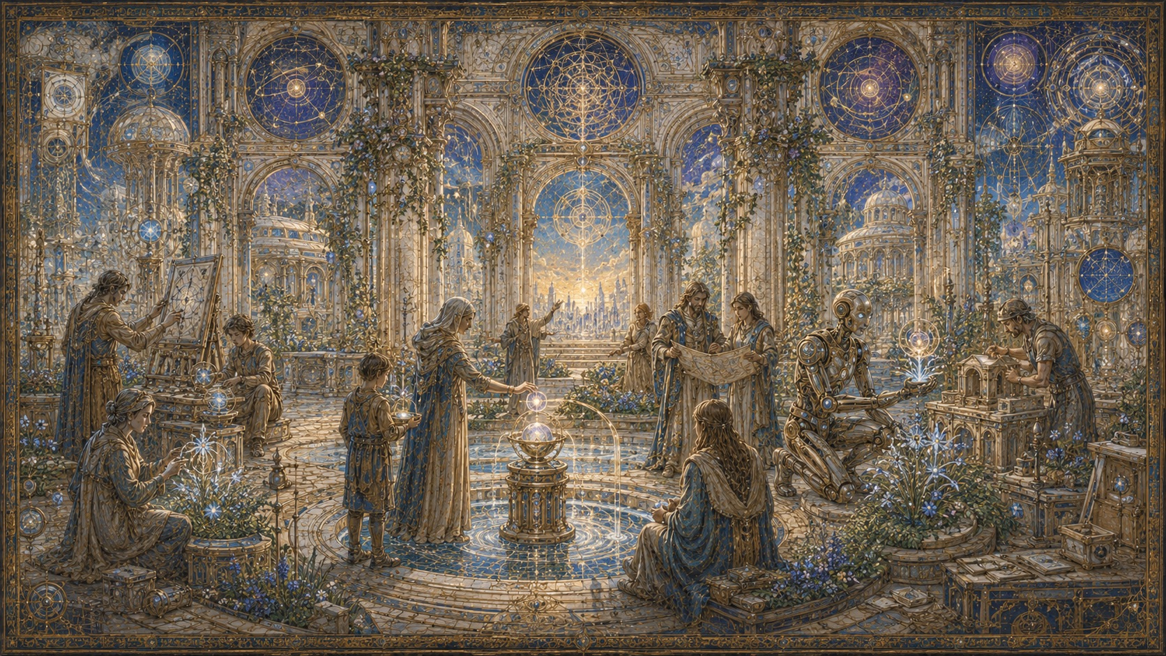 Fresco of a garden court gathering — artists, builders, and researchers around a luminous fountain core amid greenery and domed architecture