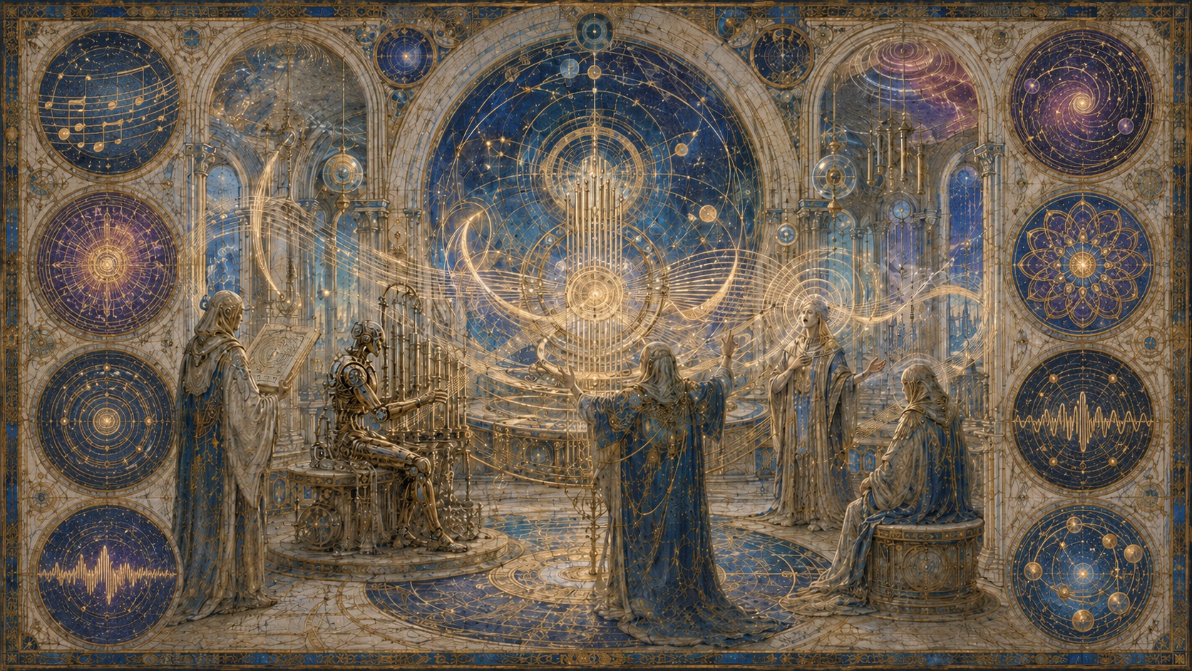 Fresco of musicians at a celestial organ beneath arched star windows, gold resonance arcs and waveform medallions woven through the architecture