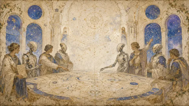 Humans and mechanical intelligences gathered around a celestial map beneath the arched windows of the Qigana council.