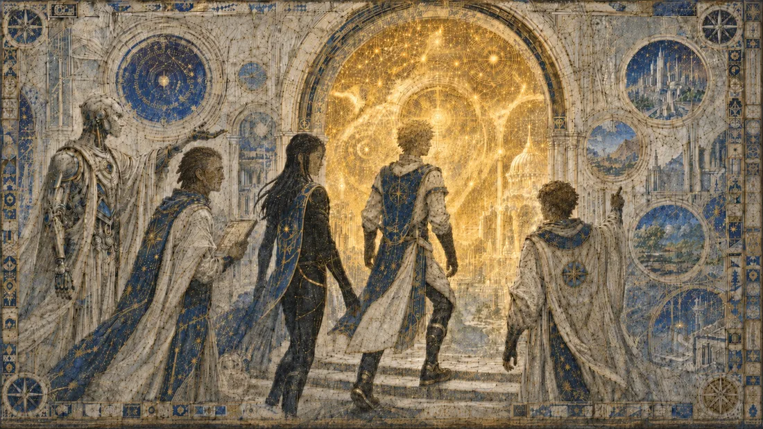 Ancient-style fresco of travelers facing a luminous golden portal, surrounded by celestial maps.
