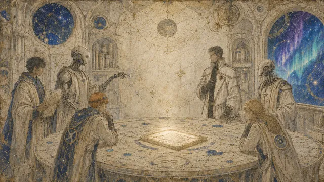 Robed scholars gathered around a luminous tablet and circular star chart.