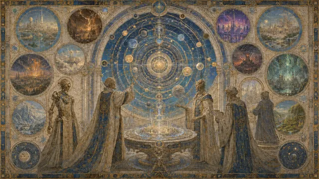 Figures studying a great celestial wheel surrounded by painted windows into other worlds.
