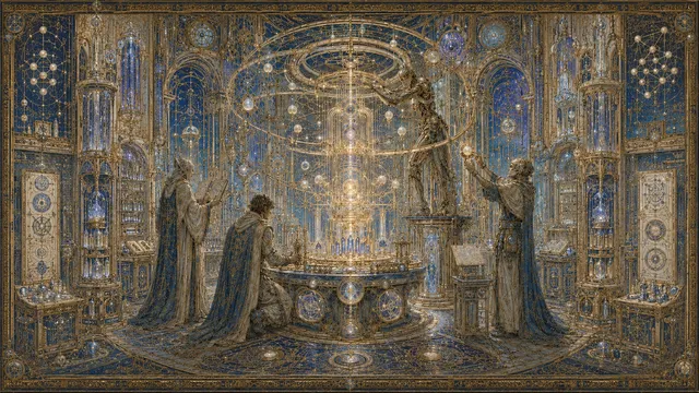 A vaulted chamber filled with golden orbital mechanisms and intricate astronomical instruments.